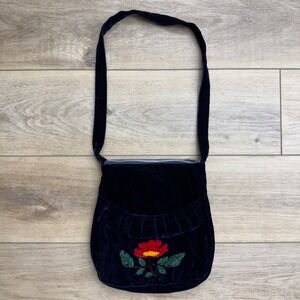 Vintage Navy Velvet Shoulder Bag Floral Embroidered Ruffle Pocket Twee Boho